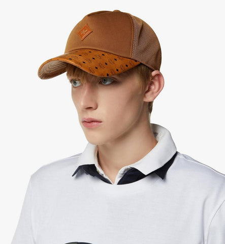 MECGSMM02CO001-Diamond Cap in Cotton and Monogram Print Leather|COGNAC