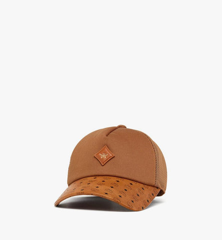 MECGSMM02CO001-Diamond Cap in Cotton and Monogram Print Leather|COGNAC