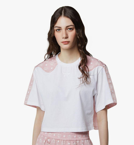 MFTFAMM03PZ00L-Laurel Cropped T-Shirt in Organic Cotton and Monogram ECONYLÂ®|Soft Pink
