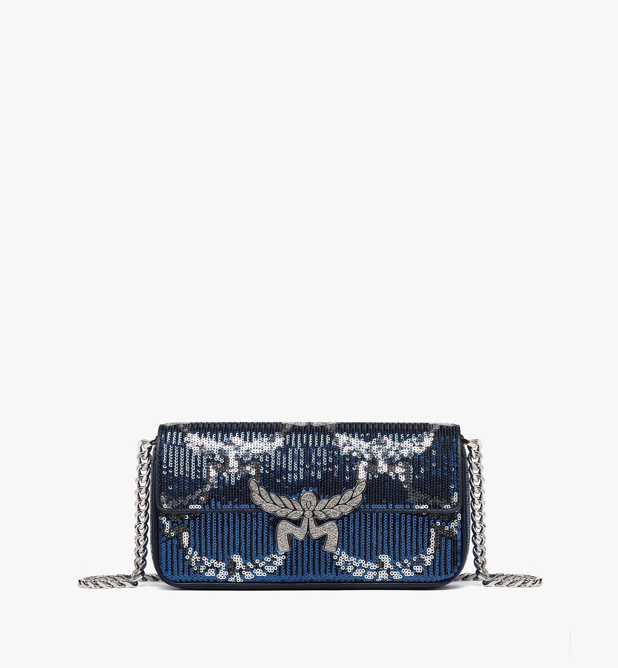 MWSEAAC01SV001-Himmel Shoulder Bag in Sequin Monogram Leather, ONE SIZE|NAVY BLAZER